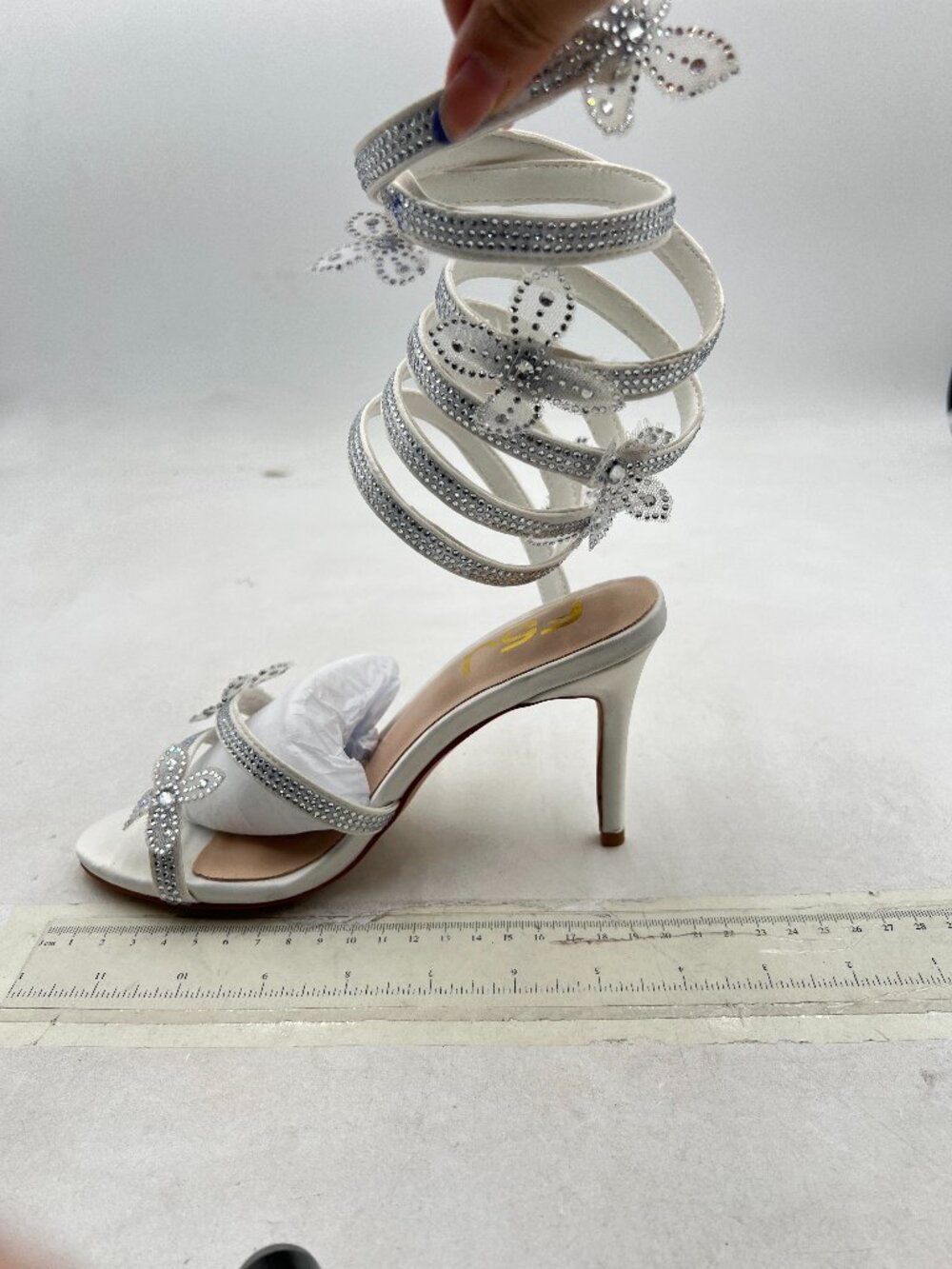 FSJ White Spiral Strappy Sandals with Rhinestone Flower High Heel Dress Shoe